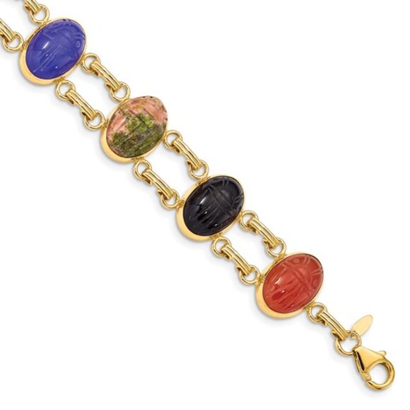 14k Yellow Gold 7 Stones Scarab Bracelet Egyptian Beetle Bracelet 7" Length - Picture 1 of 4